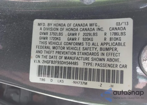 2013 Honda Civic Ex-L из США, поврежденный, VIN 2HGFB2F95DH544485